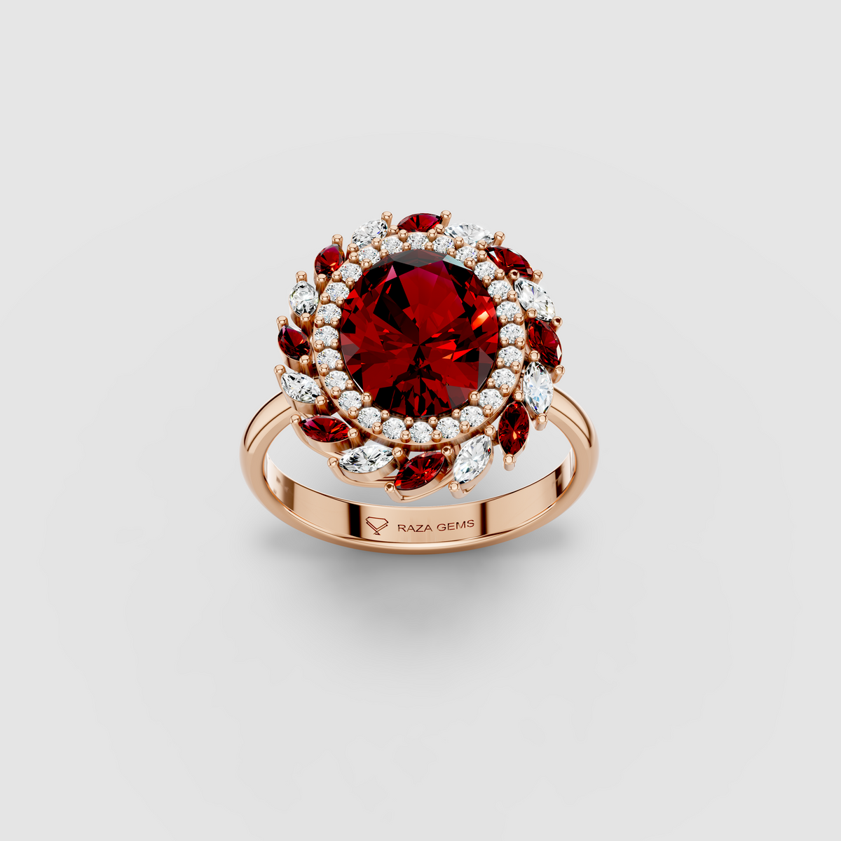 Olivia - Solid 18K Gold Oval Ruby & Marquise Moissanite Cluster Ring