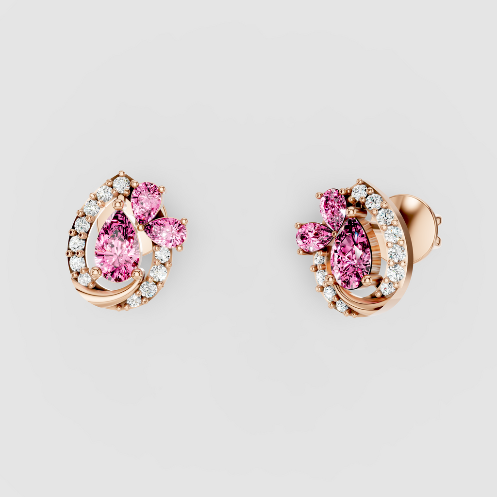 Shirley - Solid 18K Gold Pink Sapphire Cluster & Moissanite Swirl Earrings