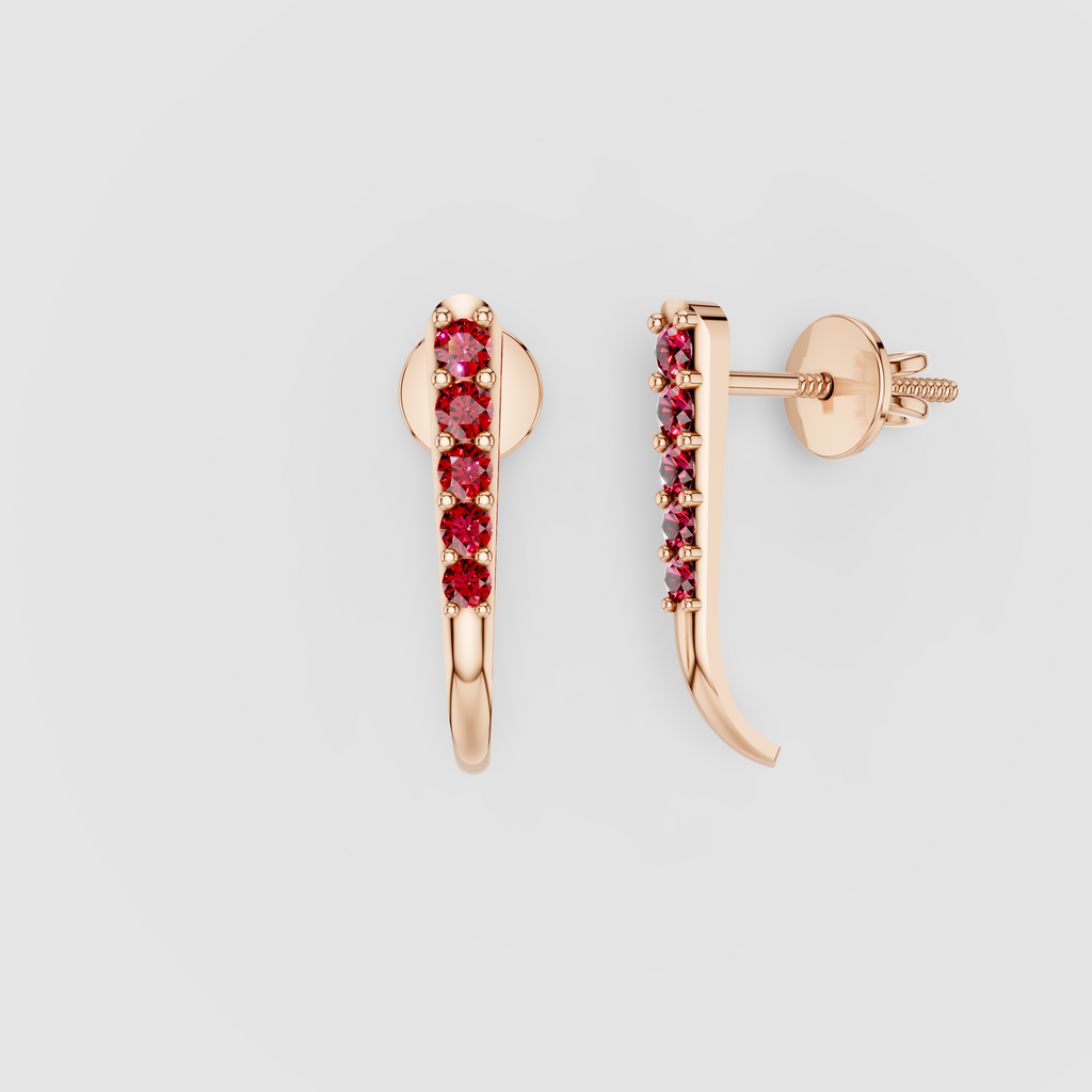 Mary - 18K Gold Ruby Vertical Bar Ear Climber Stud Earrings"