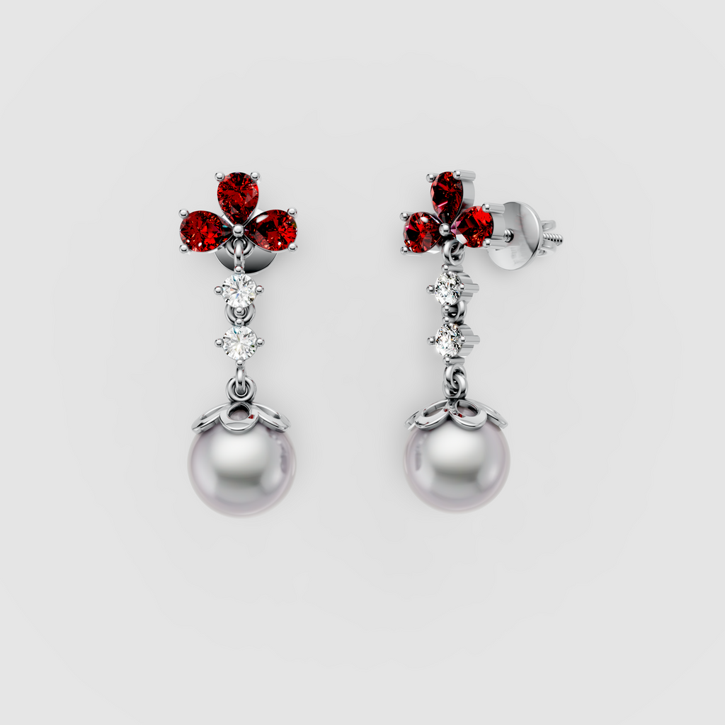 Betty - 18K Gold Pear Garnet, Moissanite & Natural Pearl Dangle Earrings" (Stylish & Direct