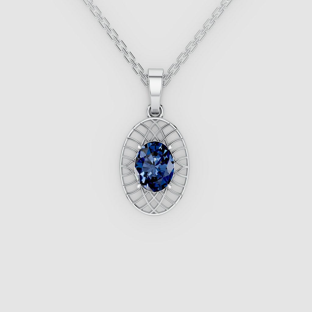 Celestia – Oval-Cut Blue Sapphire Solitaire Openwork Pendant in 18KT Gold