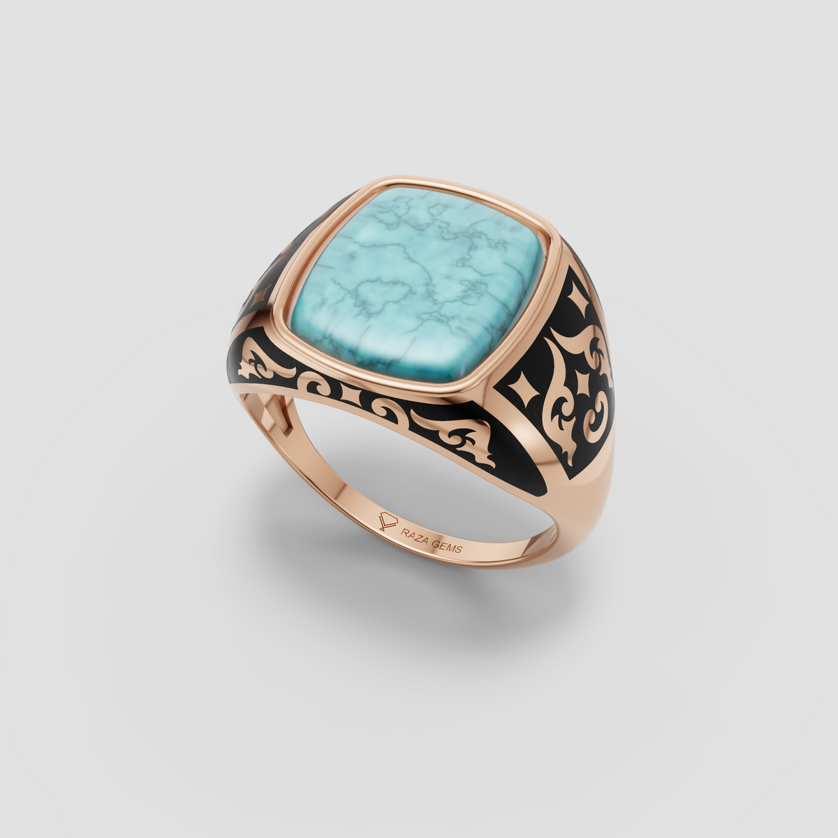 Aria – Cushion Turquoise Ring with Vintage Black Enamel in 18KT Gold