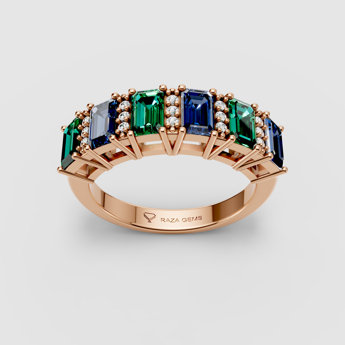 Evelyn - 18K Gold Emerald-Cut Emerald & Blue Sapphire Moissanite Band