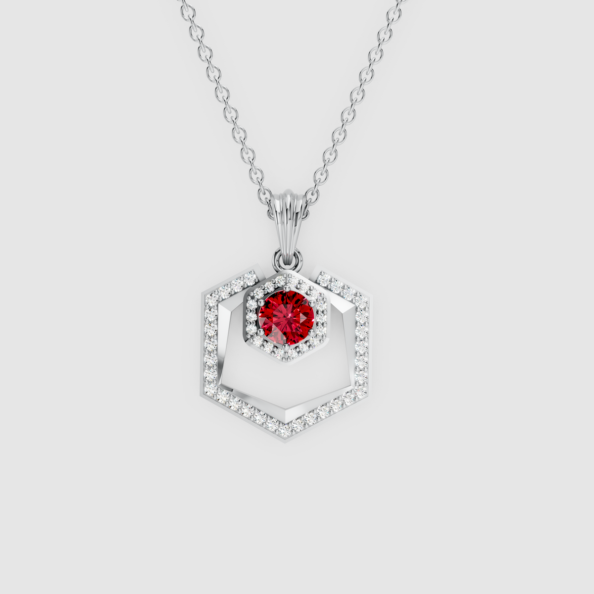 Scarlett – 18K Gold Geometric Double Hexagon Ruby & Moissanite Halo Pendant
