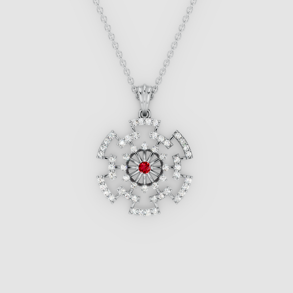 Arabella – Center Ruby Sunburst Wheel Pendant with Moissanite in 18KT Gold