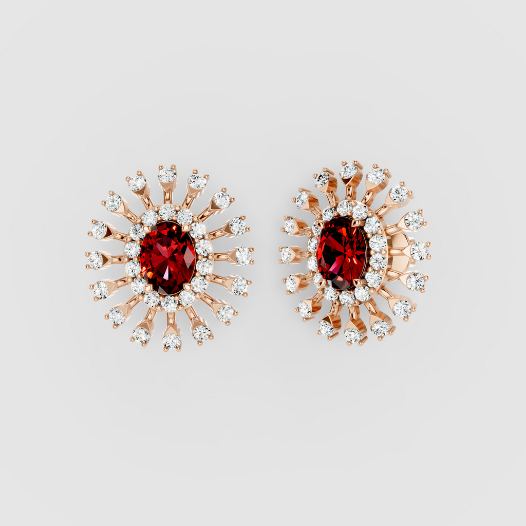 Stephanie - 18K Gold Oval Ruby & Double Moissanite Halo Stud Earrings" (Descriptive & Elegant)