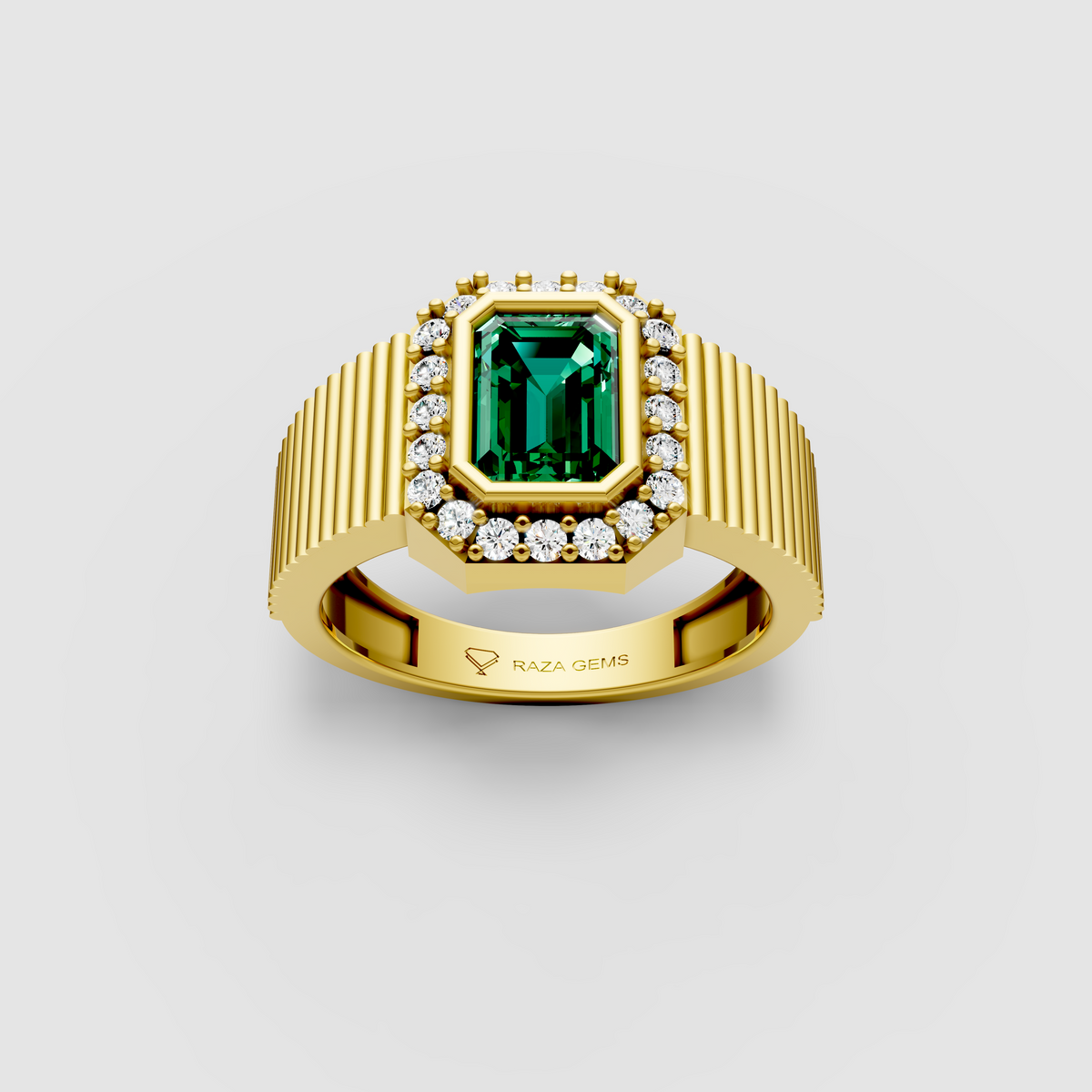 Raya – 18K Solid Gold Emerald Cut Emerald & Halo Fluted Band