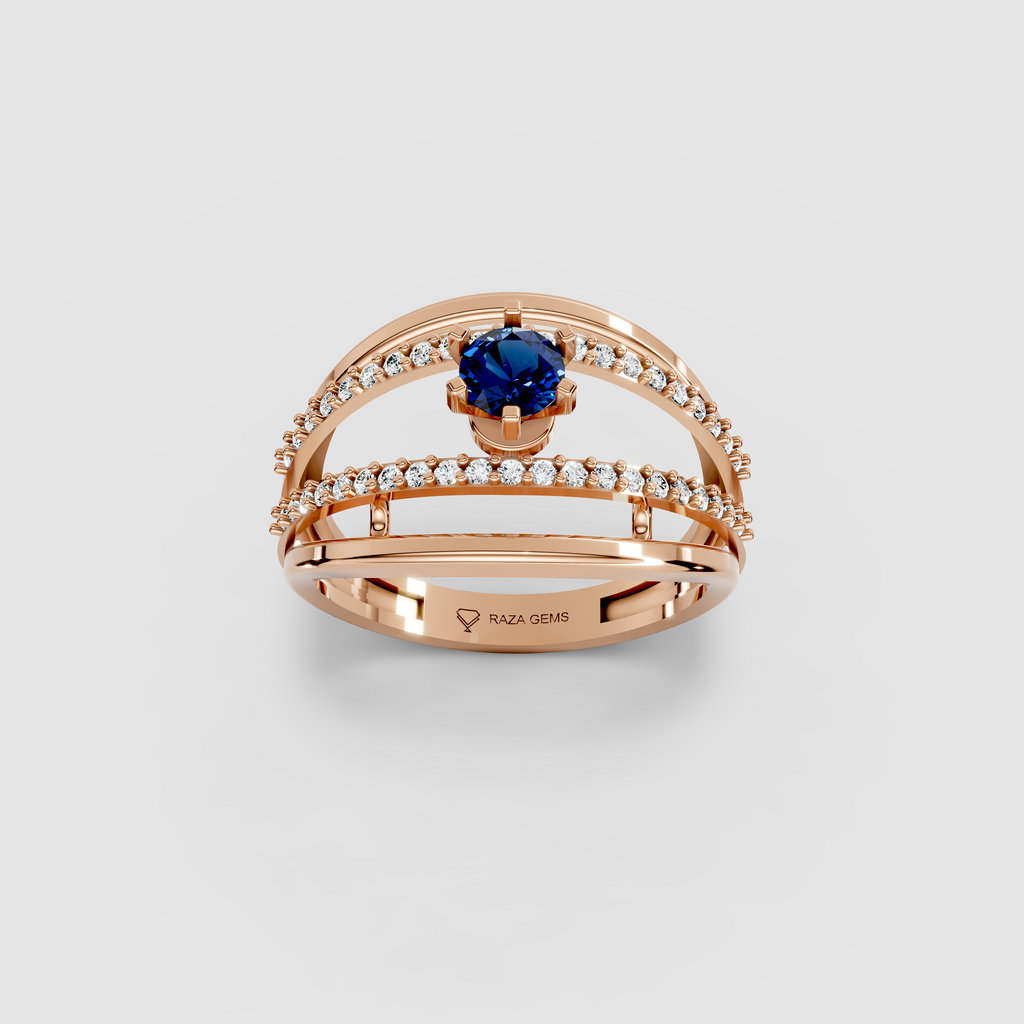 Evelyn – Round Blue Sapphire & Moissanite Double Pavé Band Ring in 18KT Gold