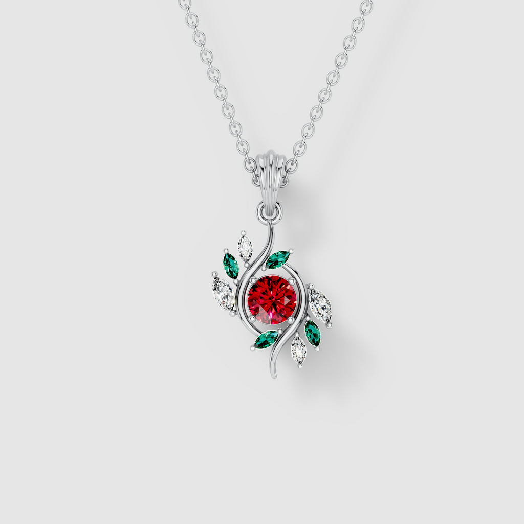 Kathleen - Solid 18K Gold Round Ruby, Emerald & Moissanite Swirl Pendant"