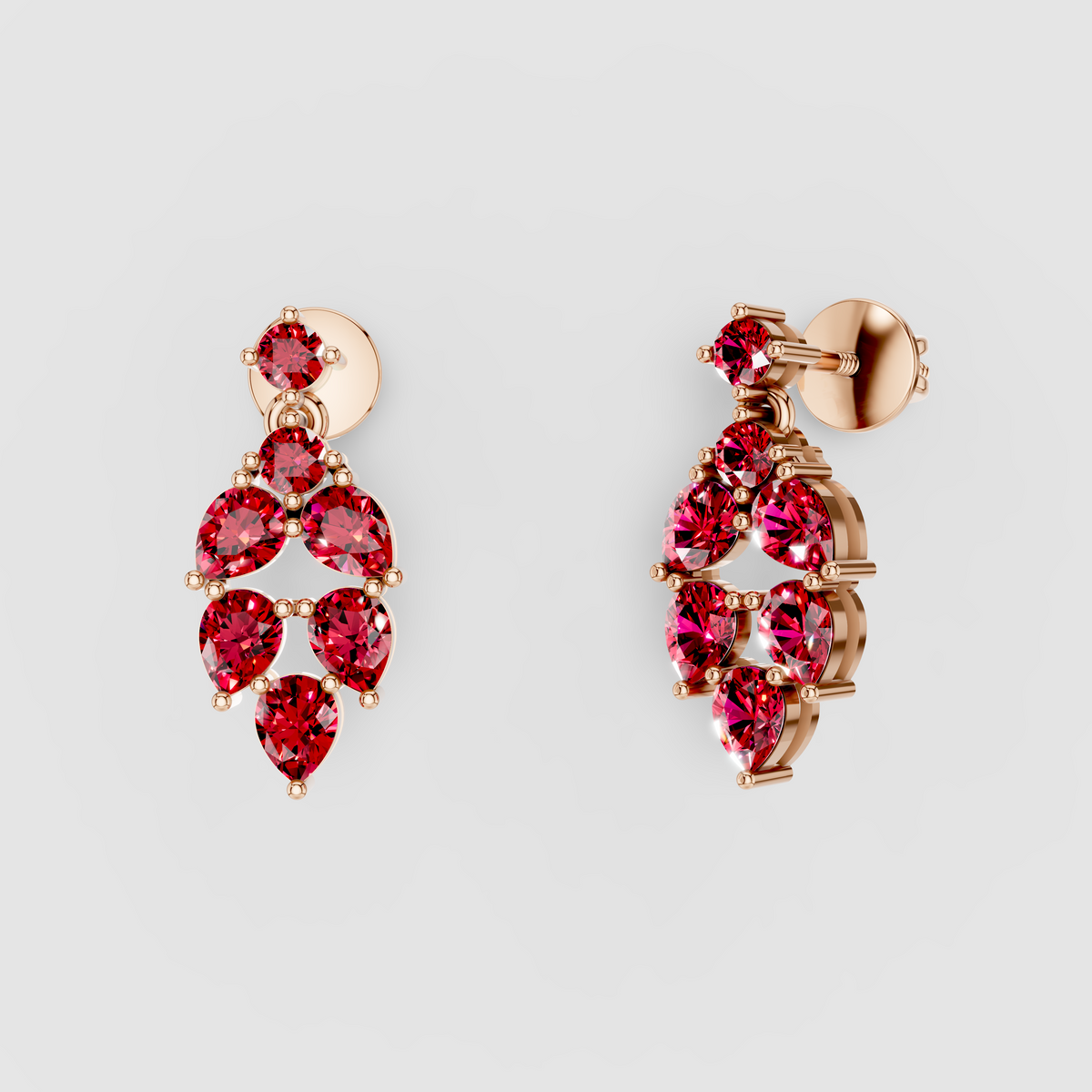 Nicole - Solid 18K Gold Pear & Round Ruby Cluster Dangle Earrings"
