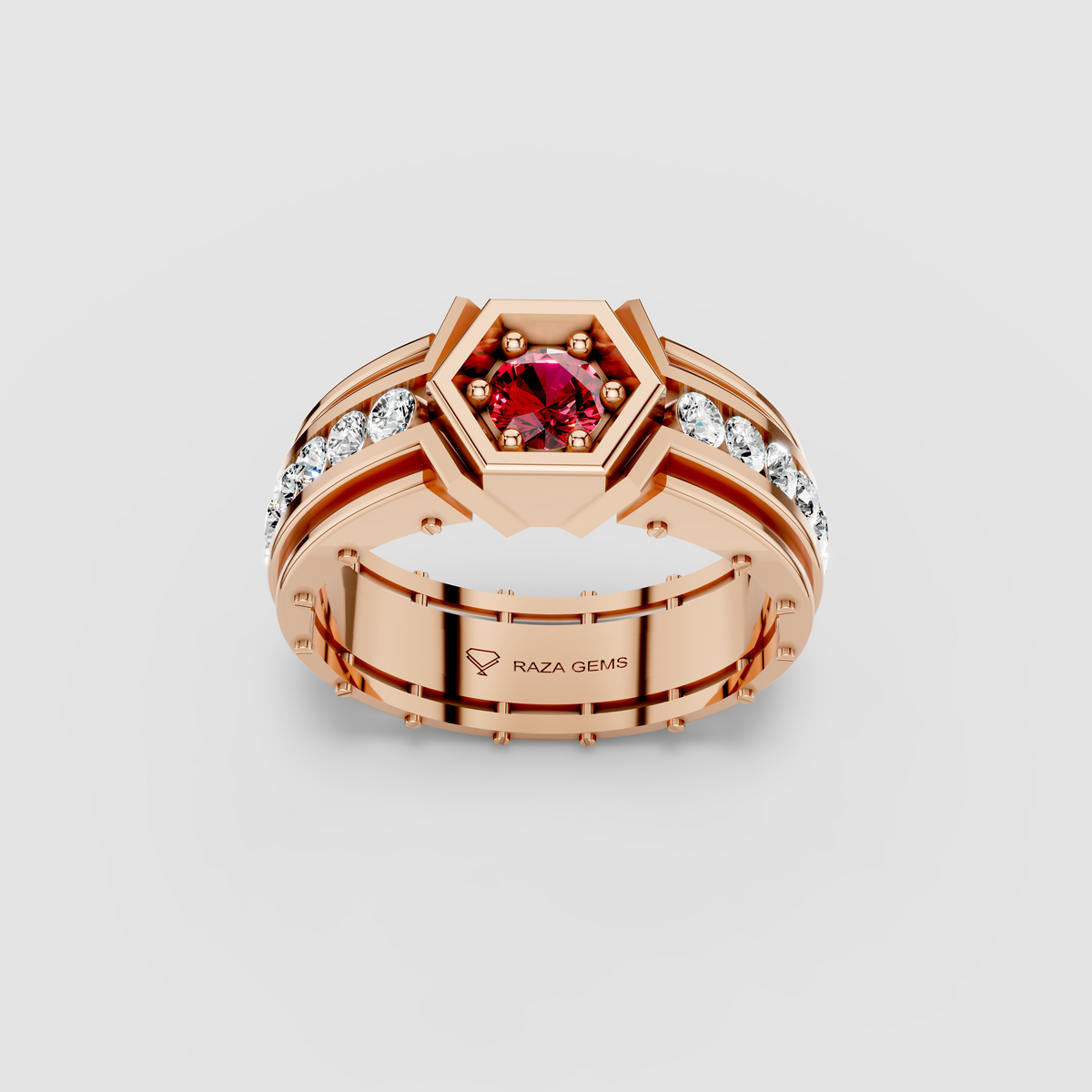 Daisy - 18K Gold Bezel Red Garnet & Moissanite Channel Signet Ring