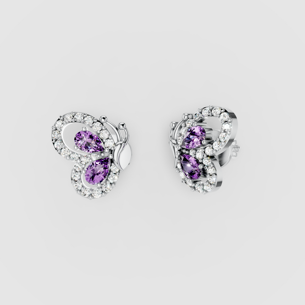 Anna - 18K Gold Pear Amethyst & Moissanite Halo Butterfly Stud Earrings"