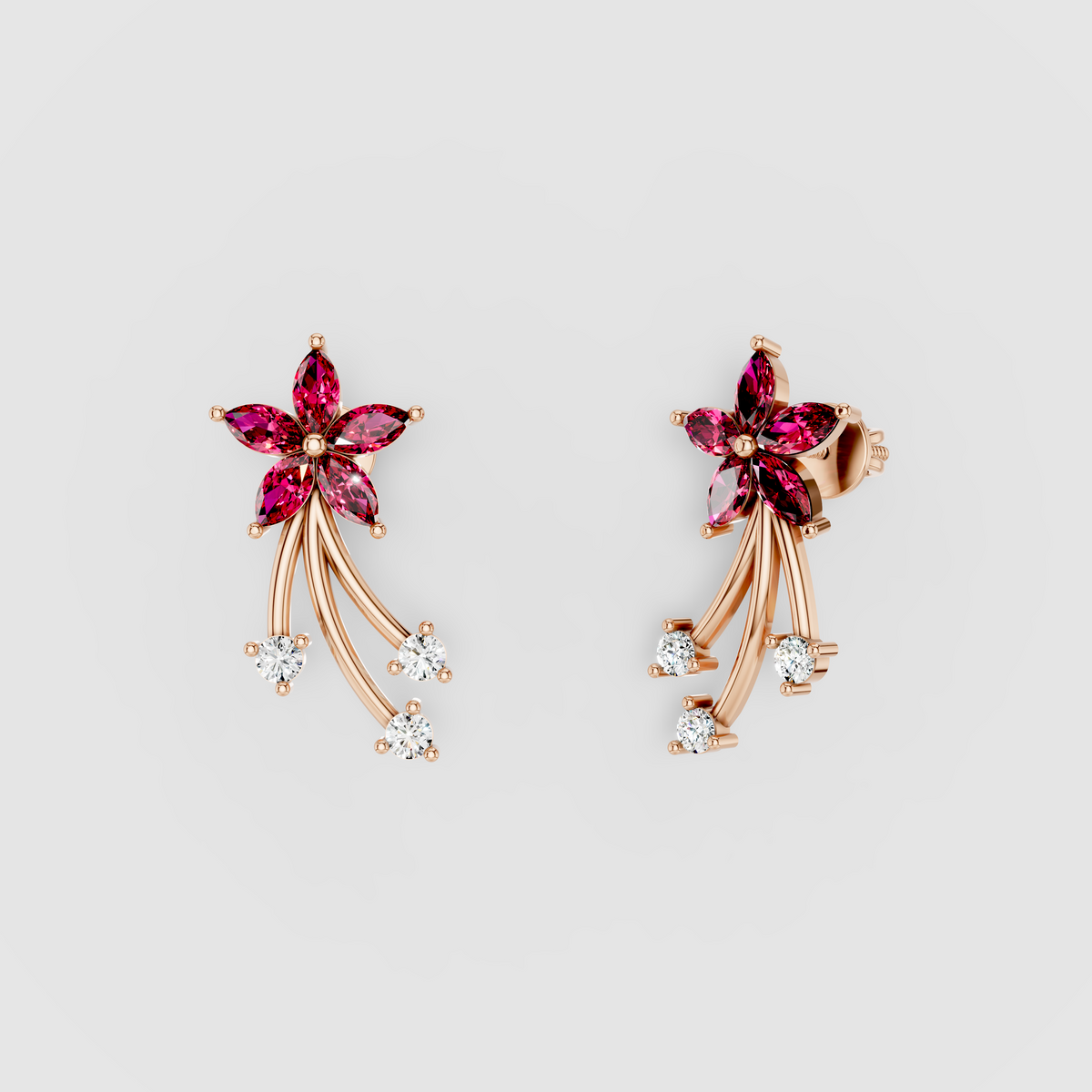Sandra - 18K Gold Ruby Flower & Cascading Moissanite Drop Earrings"