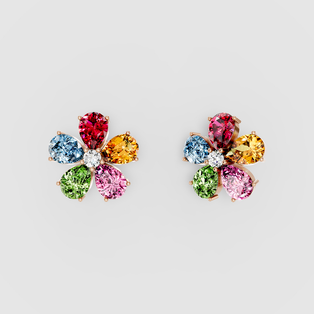 Emily - Solid 18K Gold Multi-Color Gemstone Blossom Stud Earrings