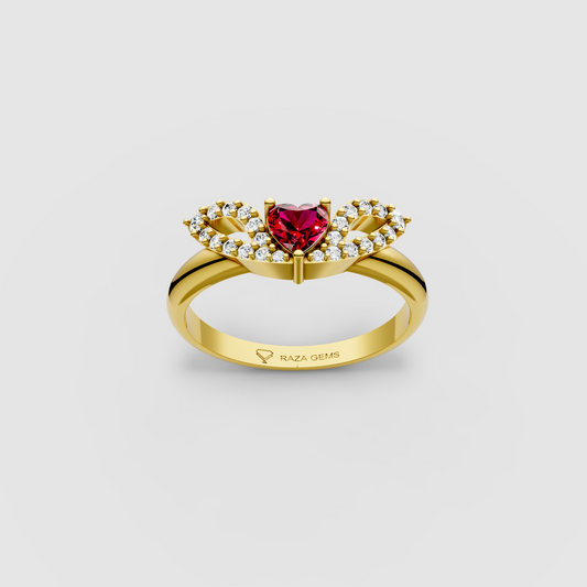 Eden – 18K Gold Heart-Cut Ruby & Moissanite Angel Wing Ring
