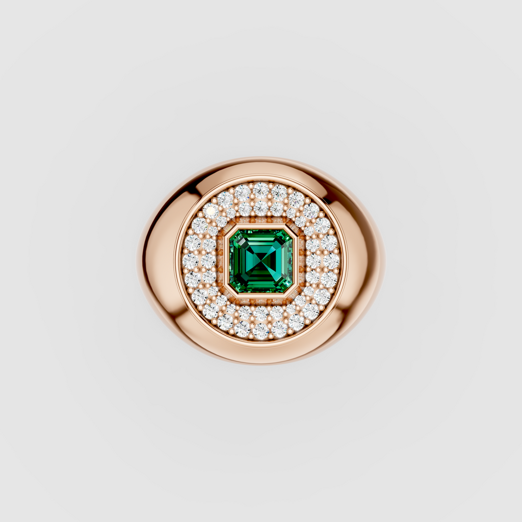Sophia - 18K Gold Emerald & Circular Moissanite Halo Dome Rin