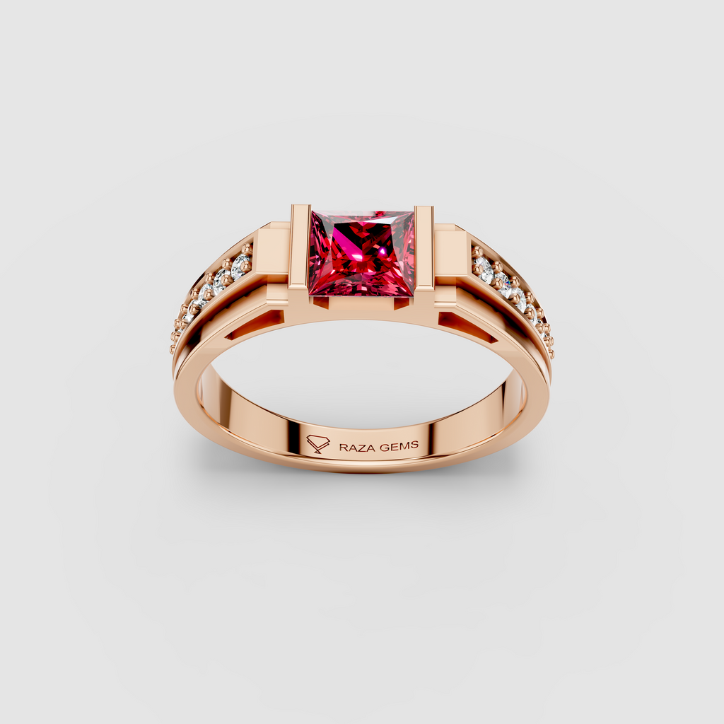 Jane - 18K Gold Princess-Cut Pink Spinel & Moissanite Bar Ring