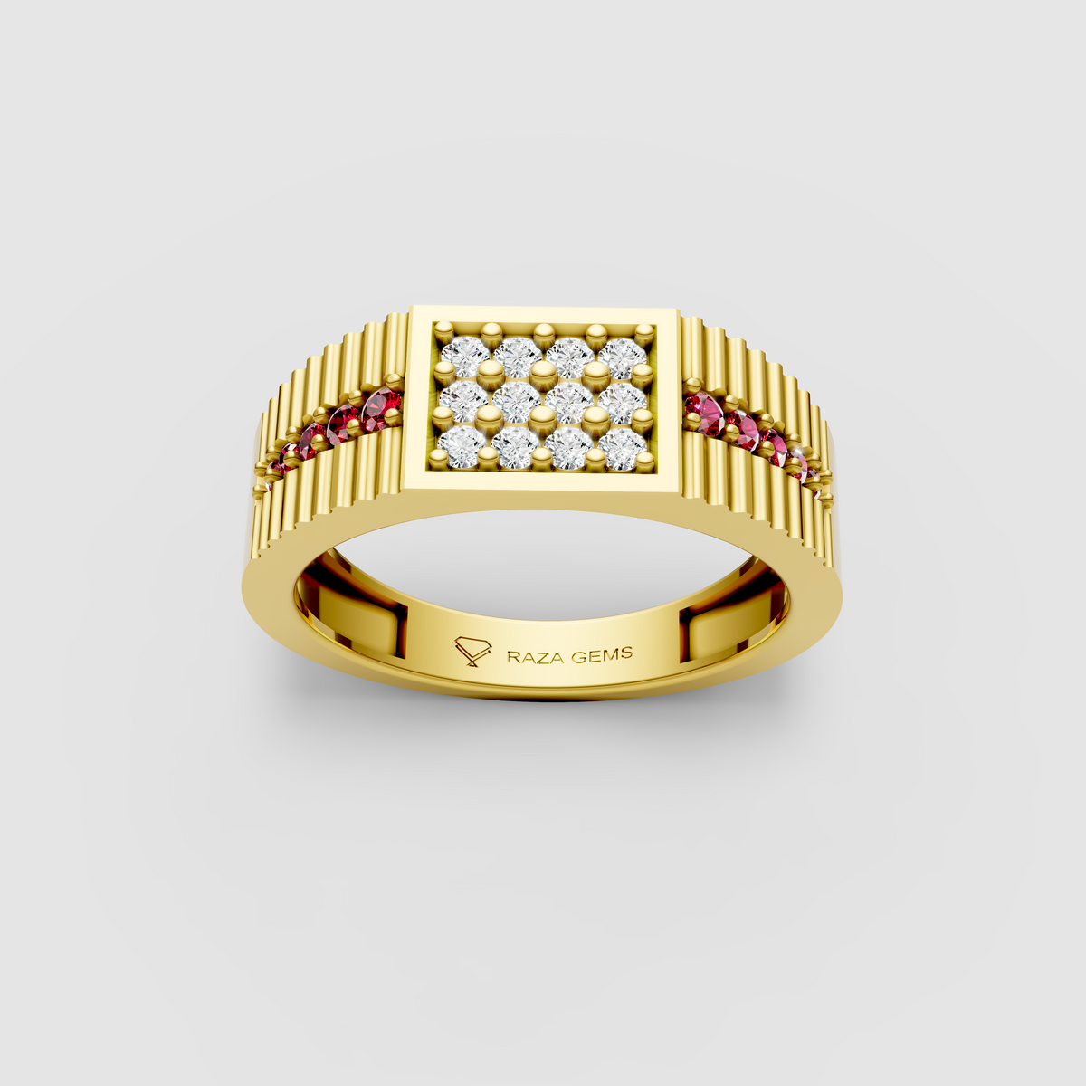Amara – 18K Gold Moissanite Pave Cluster Ruby Shoulder Statement Ring