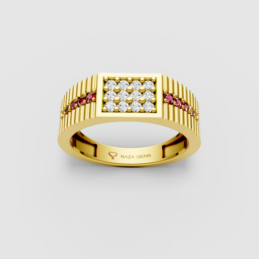 Amara – 18K Gold Moissanite Pave Cluster Ruby Shoulder Statement Ring