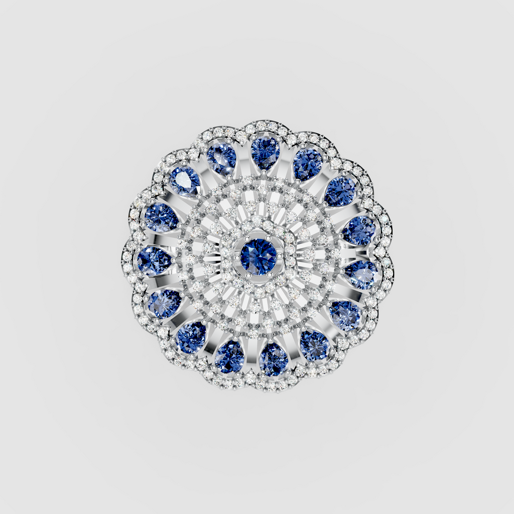 Adeline - Solid 18K Gold Pear Blue Sapphire & Pavé Moissanite Sunburst Ring