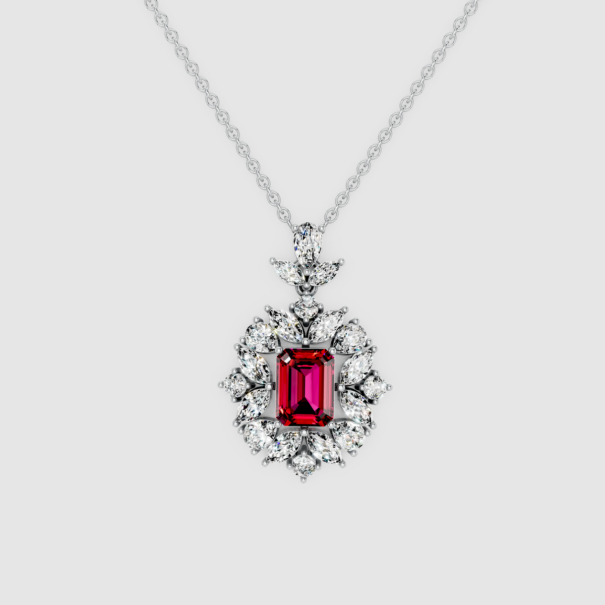Vintage Charlotte – Emerald Cut Ruby Statement Pendant with Moissanite Sunburst Halo in 18KT Gold