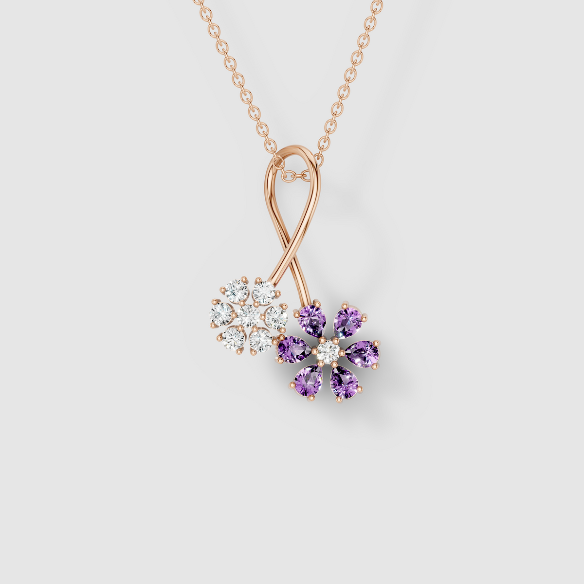 Melissa - Solid 18K Gold Amethyst & Moissanite Twin Floral Twist Pendant"