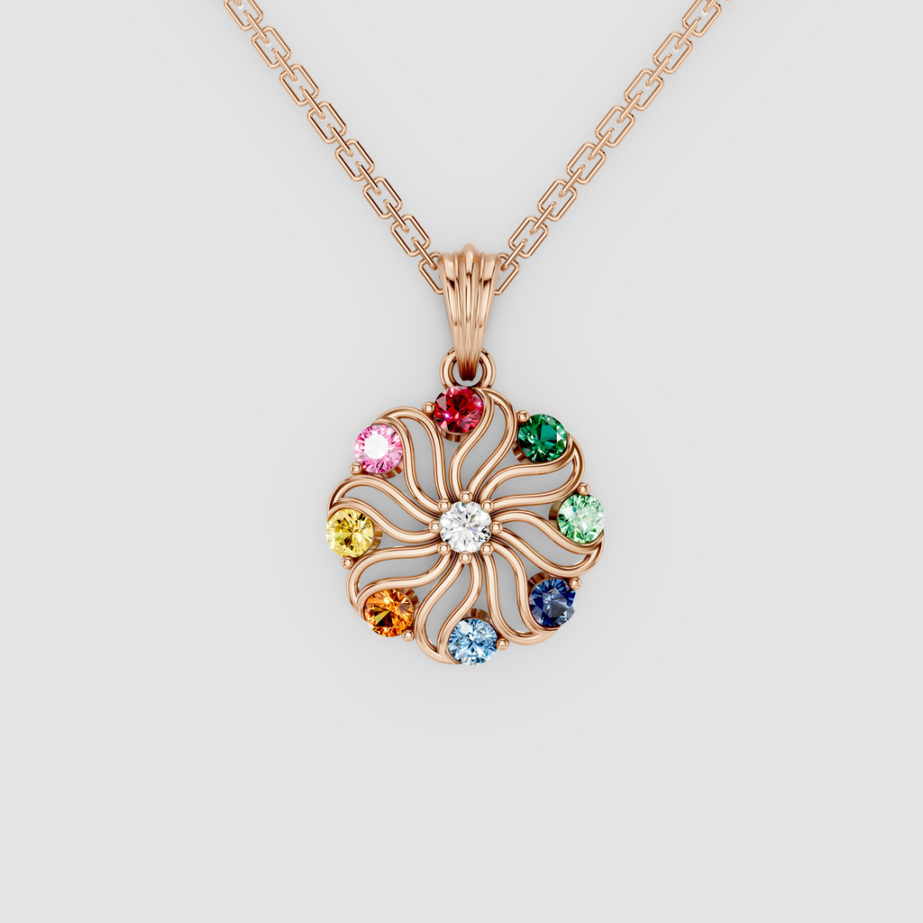 Rainbow Swirl – Natural Multi-Gemstone Pinwheel Floral Pendant in 18KT Gold