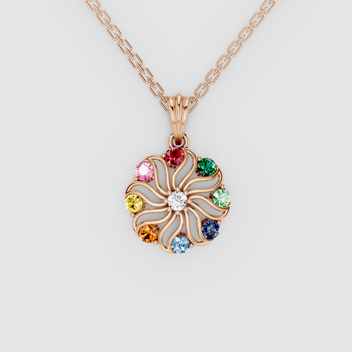 Rainbow Swirl – Natural Multi-Gemstone Pinwheel Floral Pendant in 18KT Gold