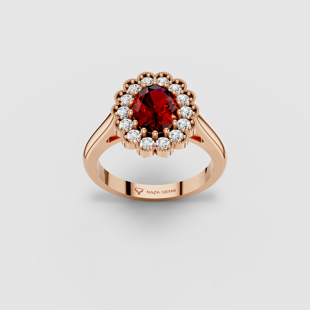 Mia - 18K Gold Oval Ruby & Scalloped Moissanite Halo Ring