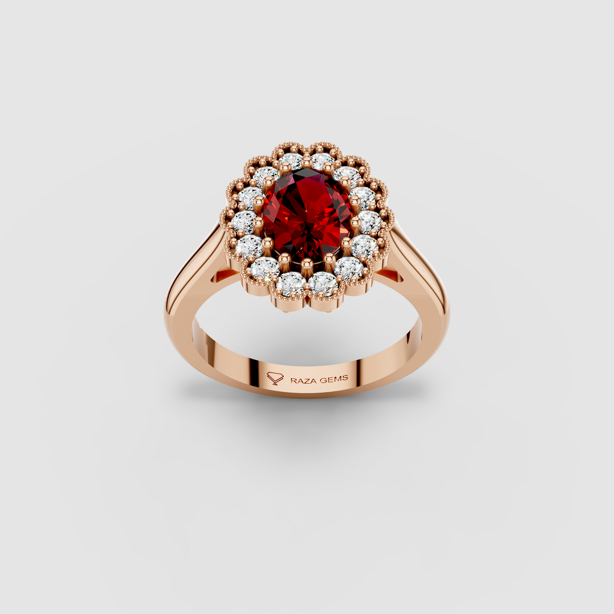 Mia - 18K Gold Oval Ruby & Scalloped Moissanite Halo Ring