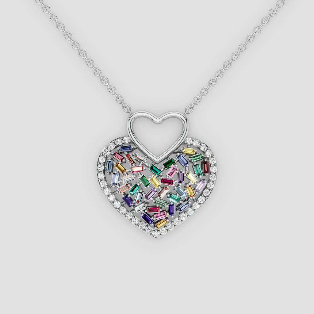 Aria – Natural Rainbow Gemstone Mosaic Heart Pendant in 18KT Gold
