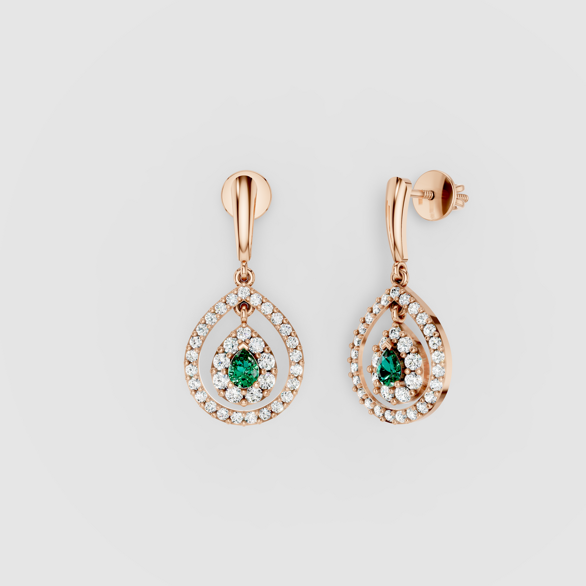 Patricia - 18K Gold Pear Emerald & Double Moissanite Halo Teardrop Drop Earrings"
