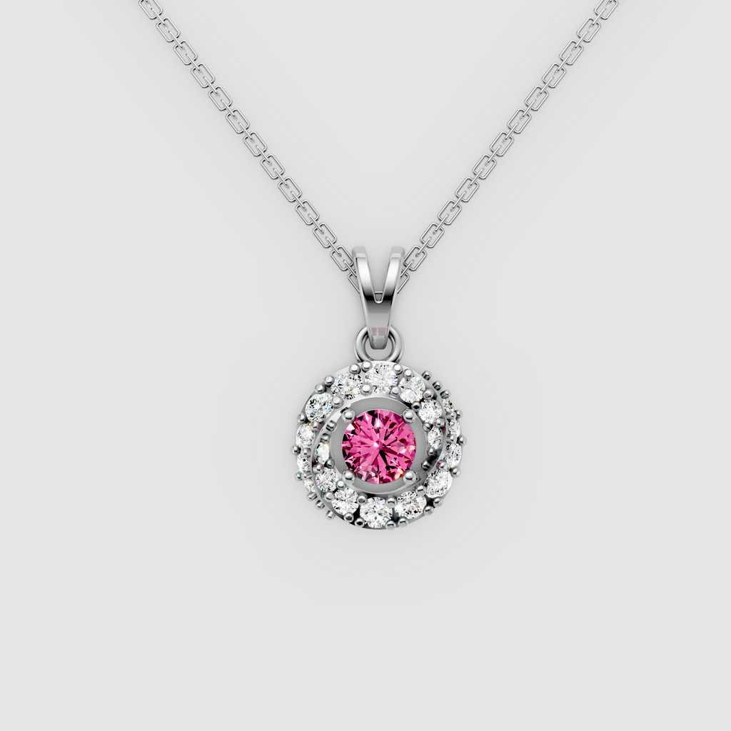 Daisy – Round Pink Sapphire Solitaire Halo Pendant with Moissanite in 18KT Gold