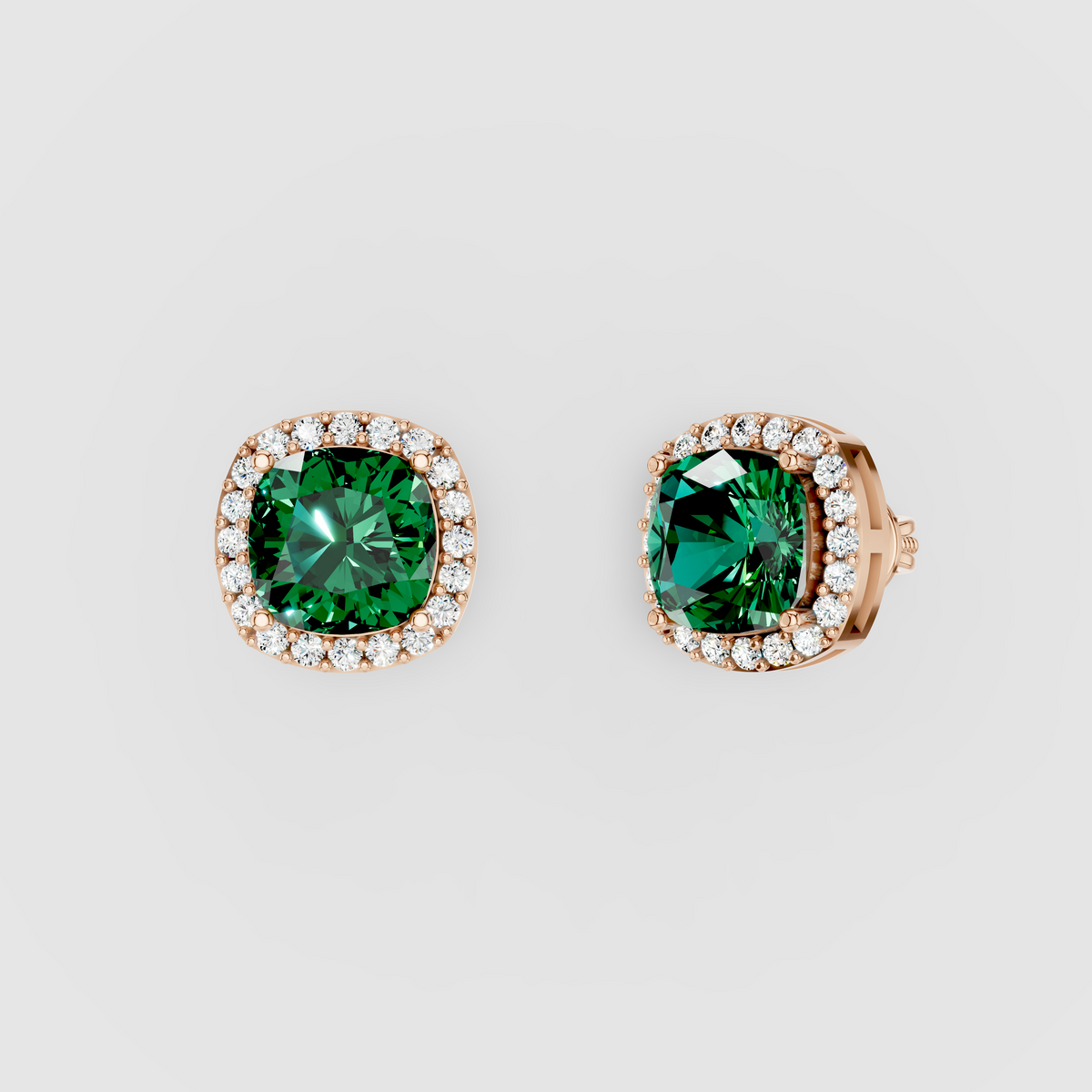 Kimberly - Solid 18K Gold Cushion Emerald with Moissanite Halo Earrings"