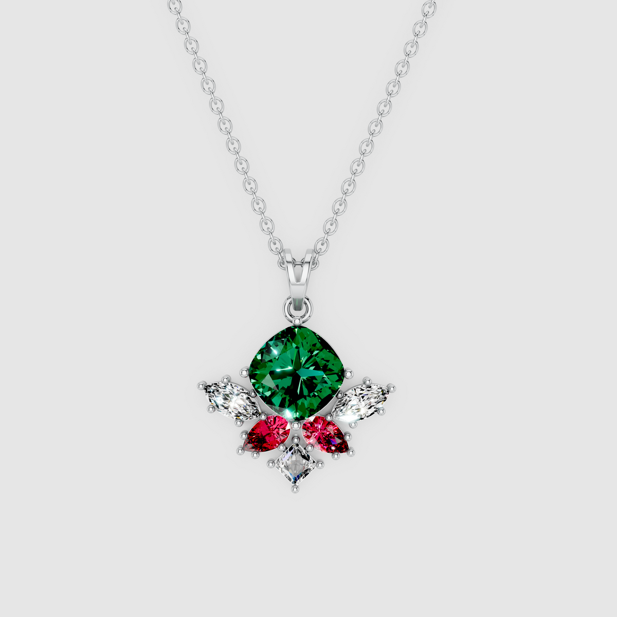 Amelia – 18K Gold Cushion Emerald Cluster Pendant with Ruby & Marquise Moissanite