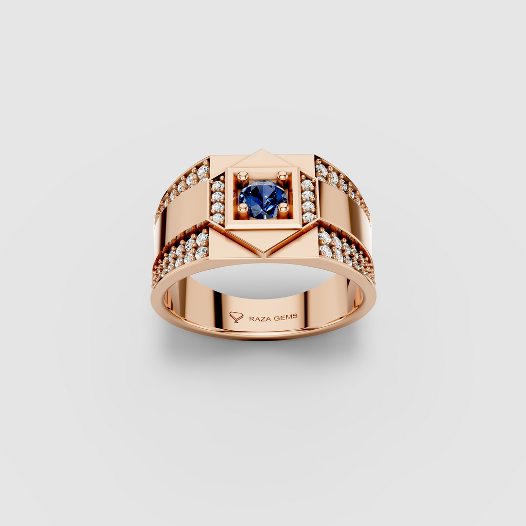 Hazel - Solid 18K Gold Blue Sapphire Square Focal & Pavé Moissanite Band