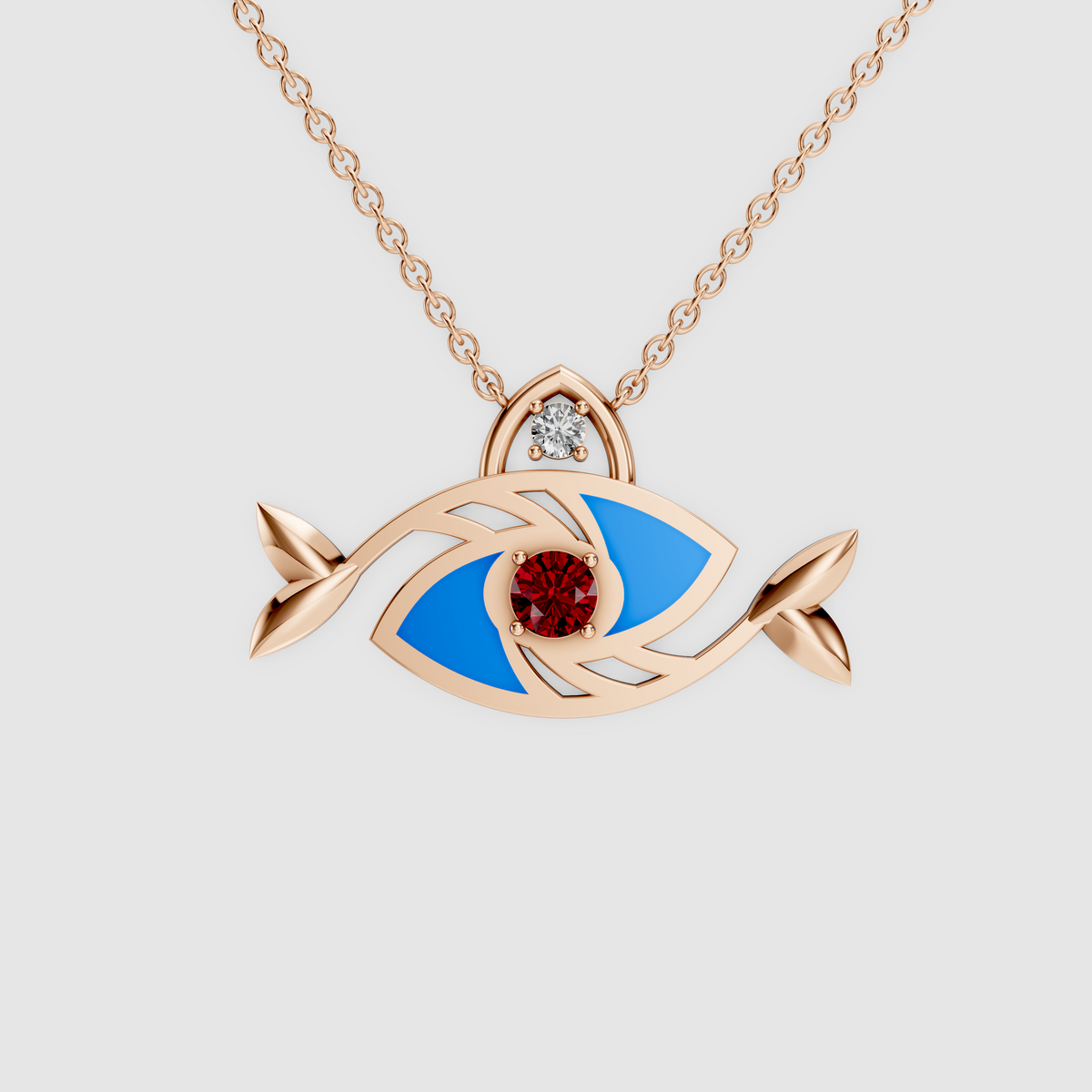Elena – 18K Gold Evil Eye Fish Enamel Pendant with Ruby & Moissanite