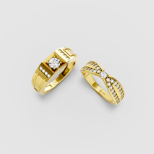 Harriet – 18K Solid Gold Moissanite Bow Crossover & Modern Signet Couple Ring Set