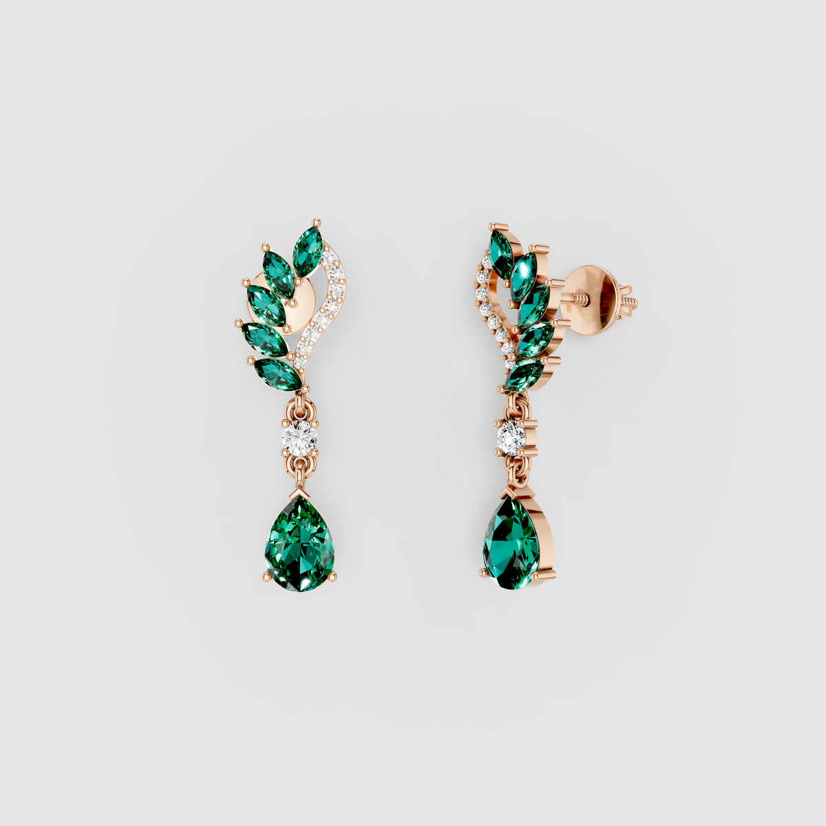 Angela - 18K Gold Marquise & Pear Emerald with Moissanite Earrings"