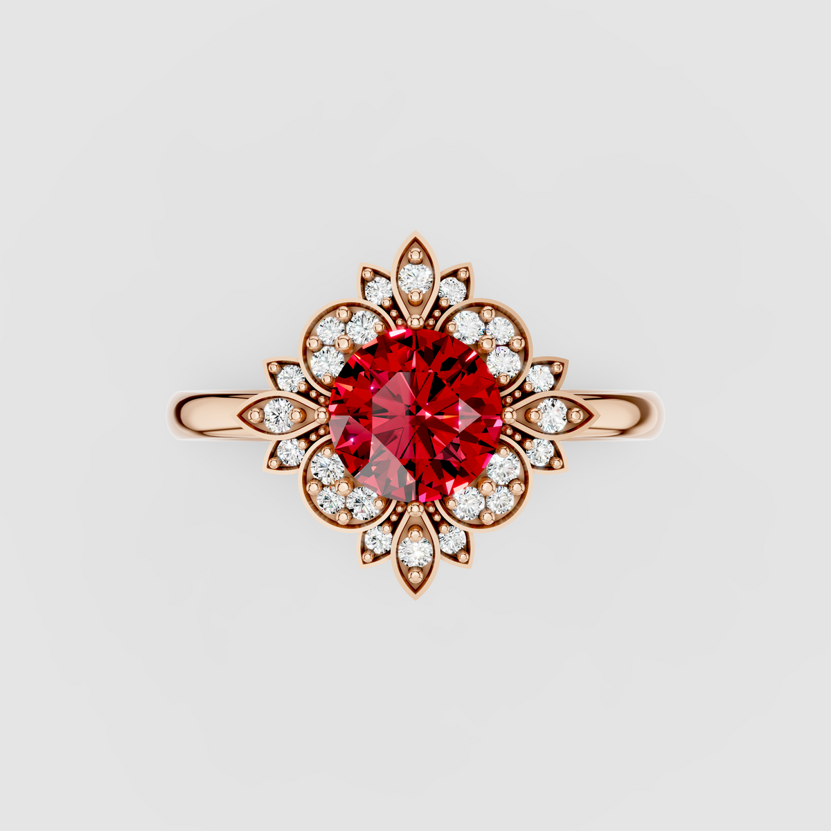 Grace – Round Ruby & Moissanite Petal Halo Ring in 18KT Gold