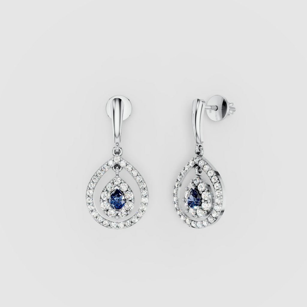 Linda - 18K Gold Pear Blue Sapphire & Double Moissanite Halo Teardrop Drop Earrings"