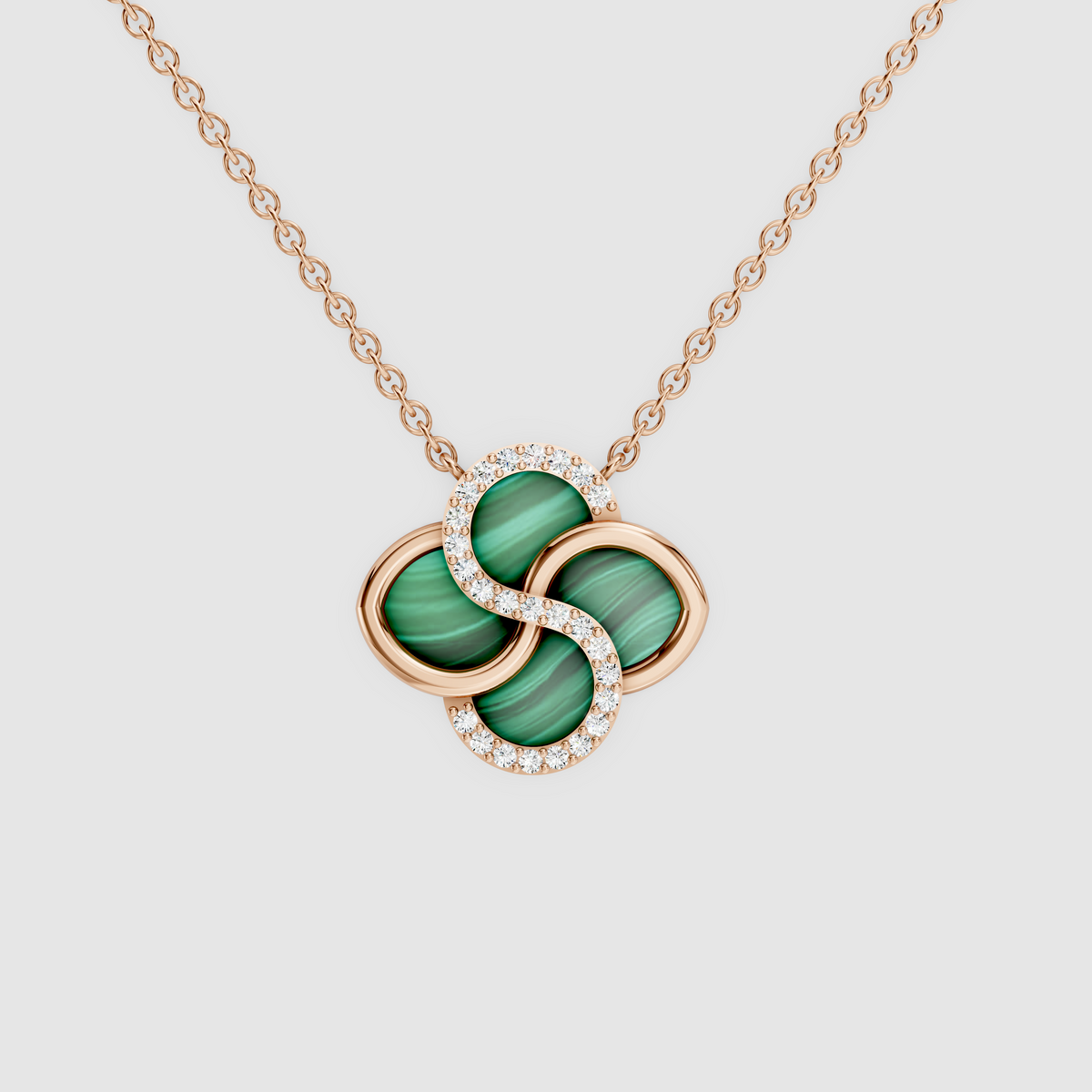 Celestia – 18K Gold Malachite Four-Petal Pinwheel Pendant with Moissanite Swirl