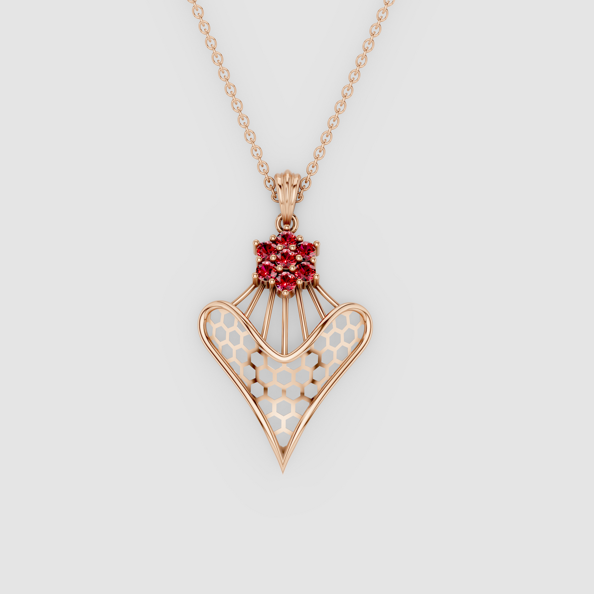 Grace – Ruby Floral Cluster & Lattice Heart Pendant in 18KT Gold