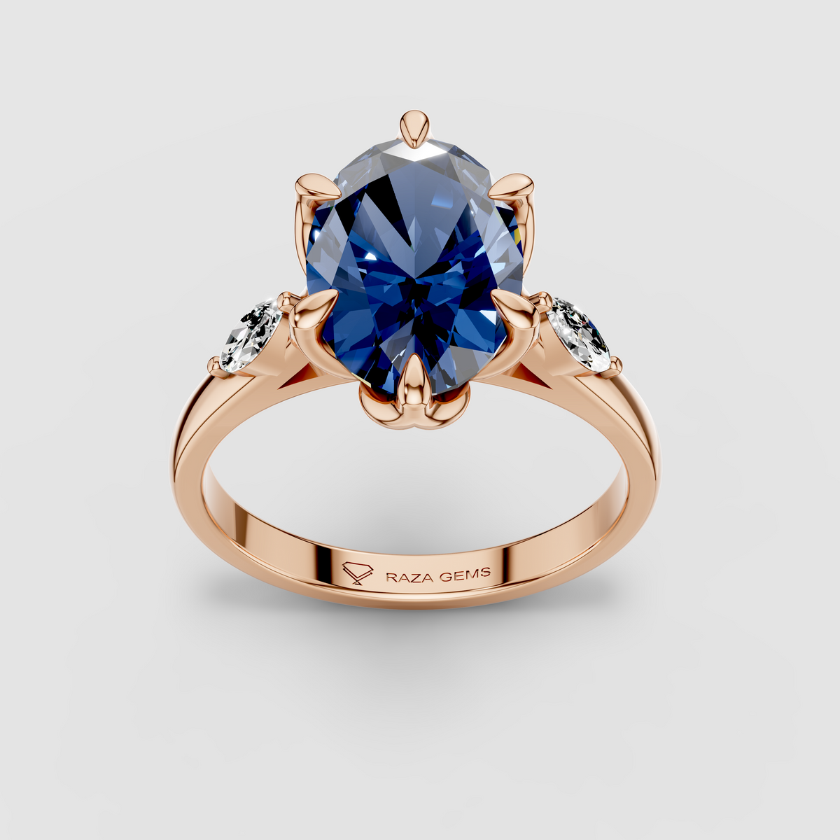 Charlotte - Solid 18K Gold Oval Blue Sapphire with Marquise Moissanite Side Stones"