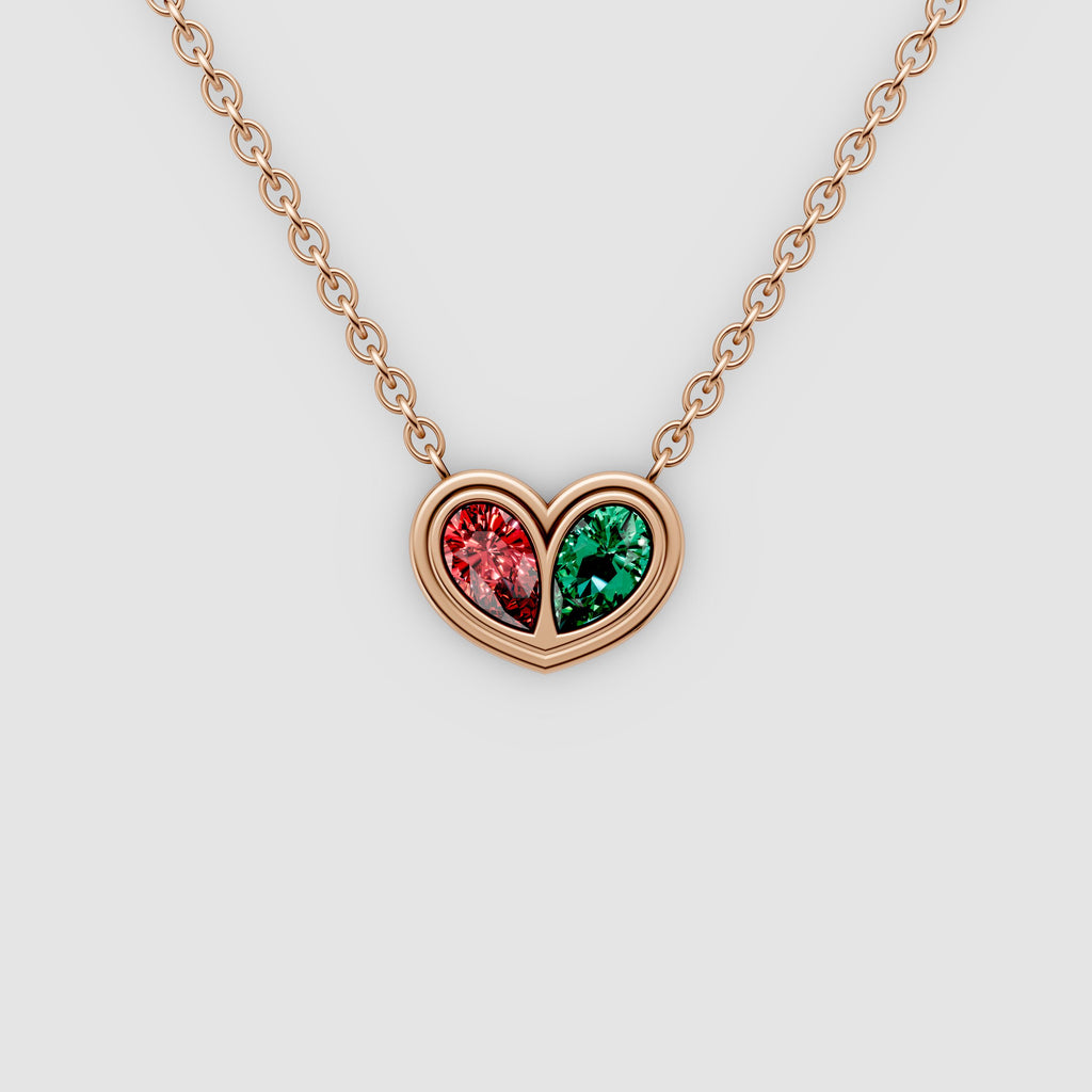 Amora – Pear Emerald & Ruby Bezel-Set Heart Pendant in 18KT Gold