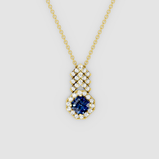 Royal Chevron – Square Blue Sapphire Halo Pendant with Moissanite in 18KT Gold