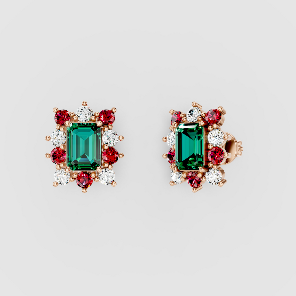 Deborah - Solid 18K Gold Emerald Gemstone with Ruby & Moissanite Starburst Halo Earrings" (Luxurious & Catchy)
