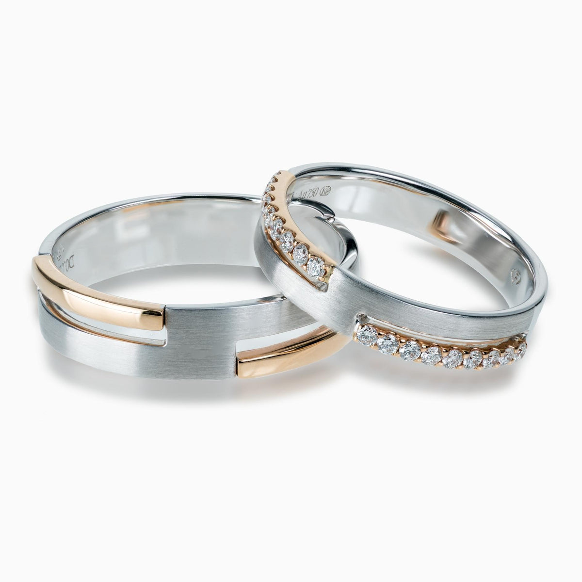 Couple 18K Yellow & white Gold Ring with Moissanite Stone and Handcrafted Circled