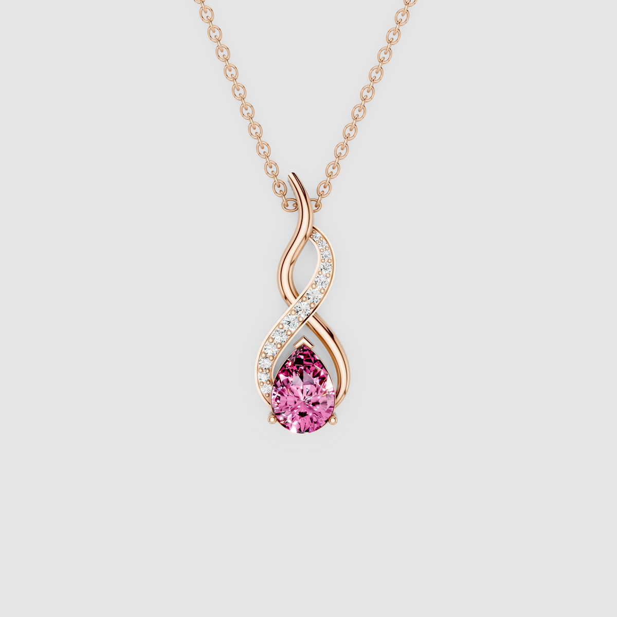 Serenity – Pear-Cut Pink Sapphire Swirl Pendant with Moissanite in 18KT Gold
