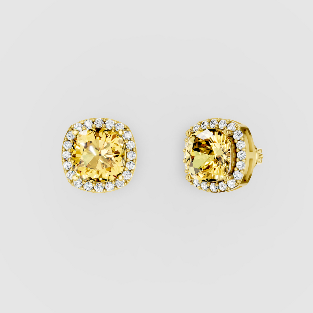 Donna - Solid 18K Gold Cushion Yellow Sapphire with Moissanite Halo Earrings"